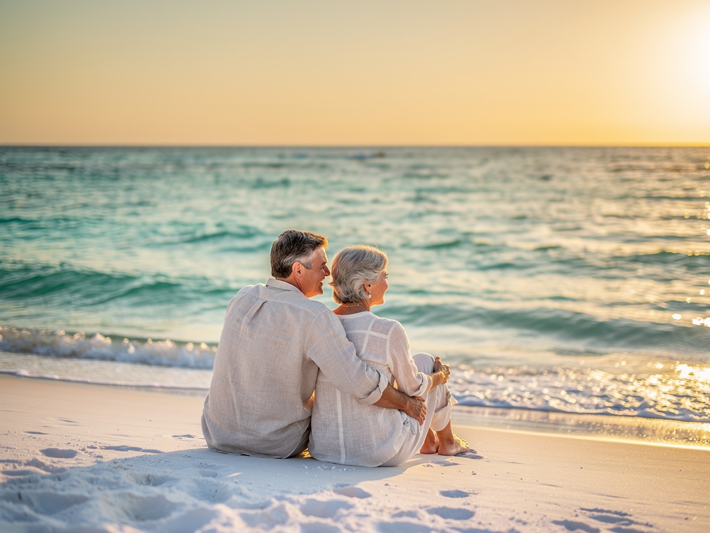 Couple on the Emerald Coast beach at sunset — the feeling of arriving at retirement clarity
